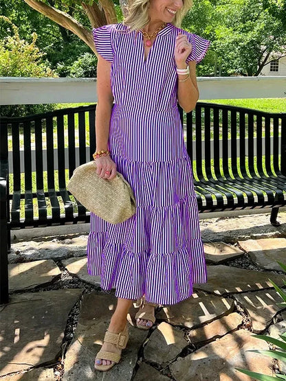 Robe midi femme – Coupe ample – Imprimé rayé – Manches volantes – Col en V – Coton
