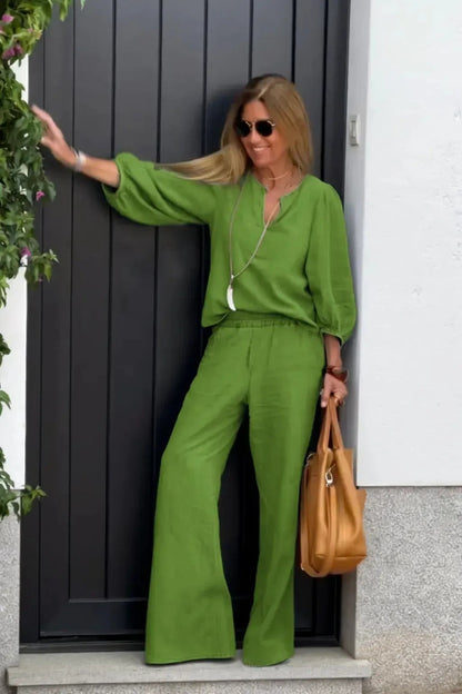 Ensemble Femme Haut et Pantalon – Lin et Coton – Col V – Manches 3/4 – Coupe Ample