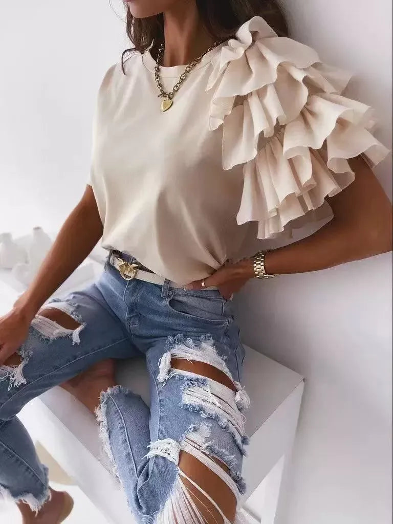T-shirt femme – Coton doux – Coupe décontractée – Manches courtes – Épaule à volant asymétrique