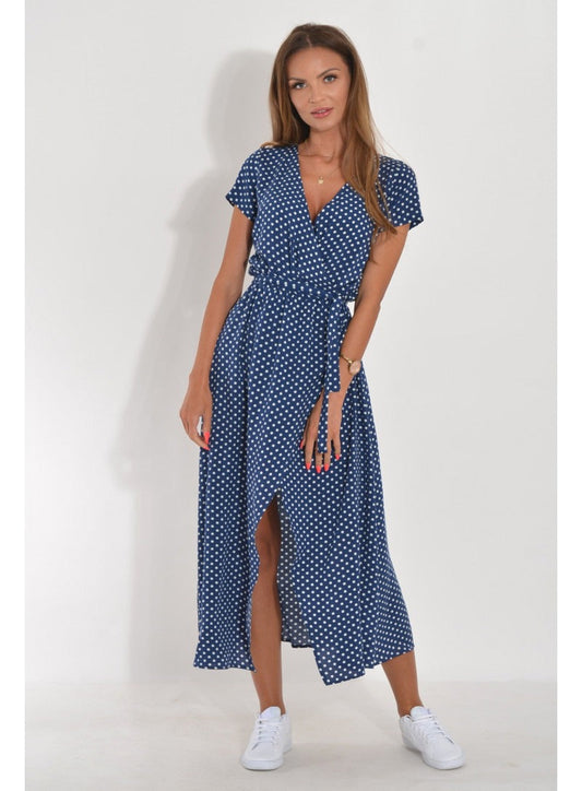 Robe midi femme – Col cache-cœur – Taille nouée – Manches courtes – Tissu imprimé