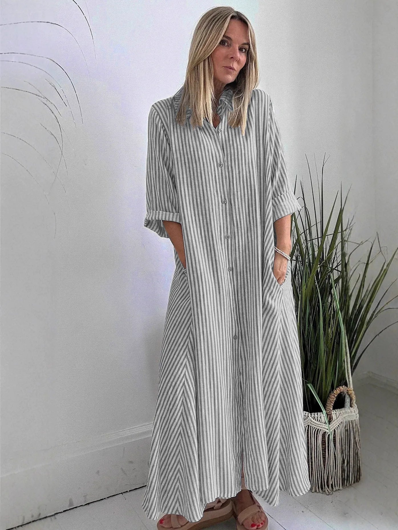 Robe longue femme – Coton – Coupe ample – Rayures – Col à revers – Manches 3/4