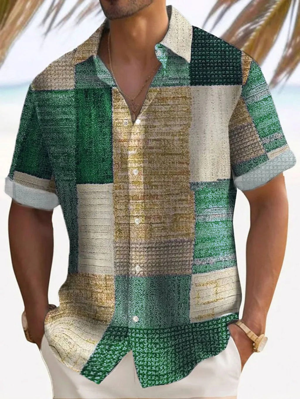 Chemise homme à manches courtes – Coupe décontractée – Patchwork – Coton lin léger