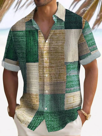 Chemise homme à manches courtes – Coupe décontractée – Patchwork – Coton lin léger