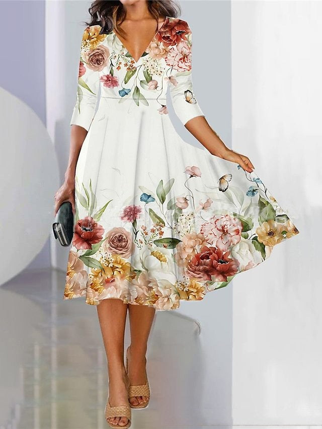 Robe midi femme – Coupe évasée – Décolleté en V – Manches trois-quarts – Tissu respirant
