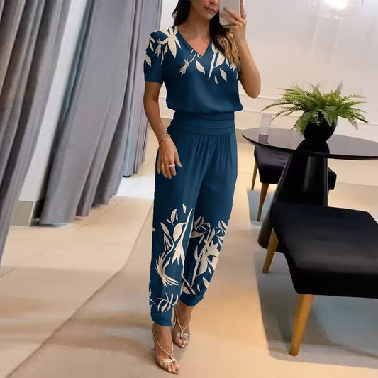Ensemble Femme Deux Pièces – Haut Col V Manches Courtes – Pantalon Ajusté Motif Floral