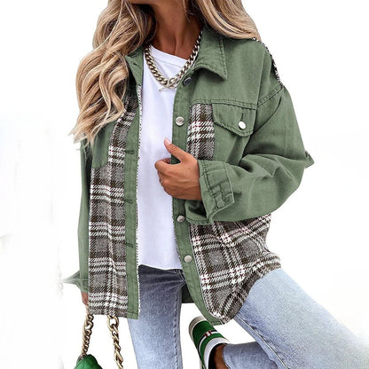Veste femme – Coupe décontractée – Détails à carreaux – Fermeture boutonnée – Longueur hanches