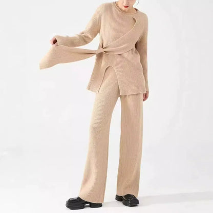 Ensemble Femme Deux Pièces – Tricot Côtelé – Coupe Décontractée – Pull Asymétrique