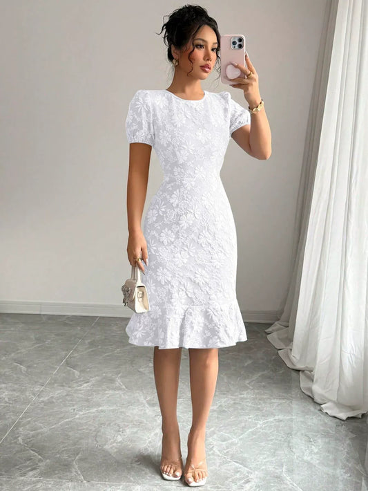 Robe midi femme – Jacquard texturé – Taille cintrée – Manches bouffantes – Style vintage