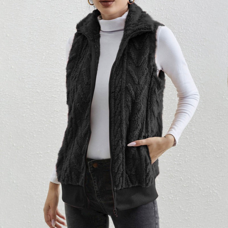 Gilet sans manches femme – Fleece jacquard – Coupe décontractée – Col montant zippé