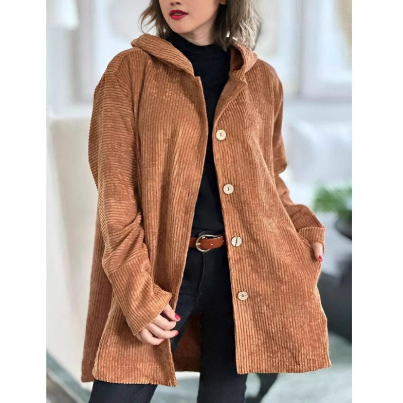 Veste femme décontractée – Velours côtelé – Coupe oversize – Capuche – Boutons – Poches