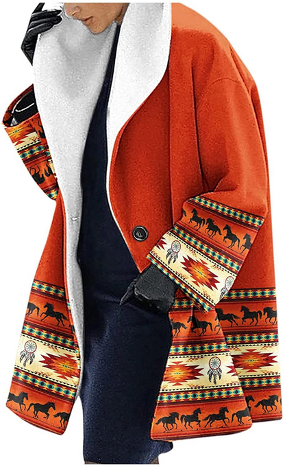 Veste à capuche femme – Coupe ample – Longueur mi-cuisses – Motifs ethniques en laine