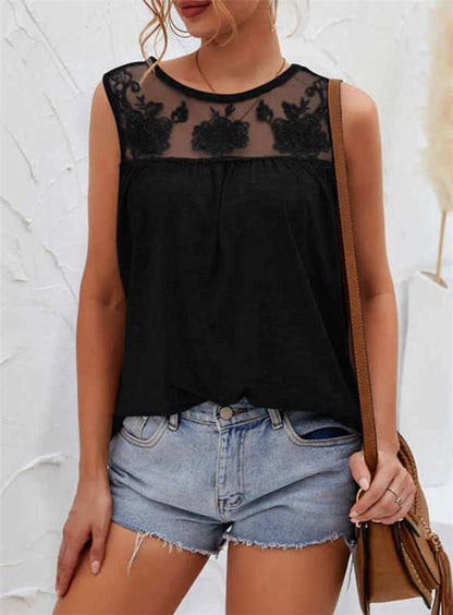 Top sans manches femme – Coupe ample – Coton doux – Détails en dentelle – Col rond