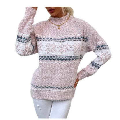 Pull femme – Maille laine – Coupe décontractée – Motif flocon – Col montant
