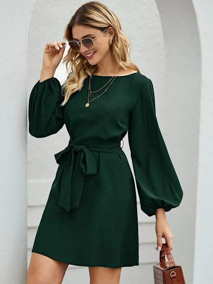 Robe midi femme – Coupe slim – Manches bouffantes – Taille ceinturée élégante