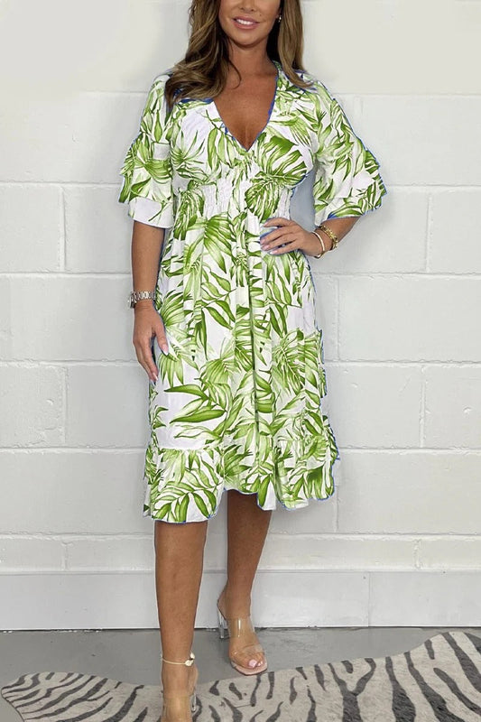 Robe Midi Femme – Coupe Ample – Taille Haute – Imprimé Botanique – Manches Volants