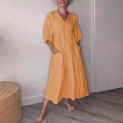 Robe midi femme – Lin et coton – Coupe ample – Col V profond – Manches retroussées – Poches