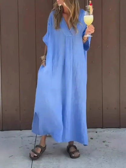 Robe longue femme – Coton léger – Coupe ample – Manches courtes – Col en V