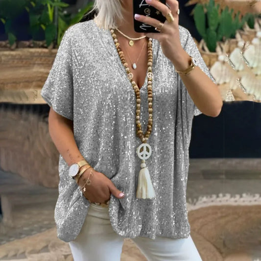 T-shirt col V femme – Coupe décontractée – Manches courtes – Entièrement à sequins