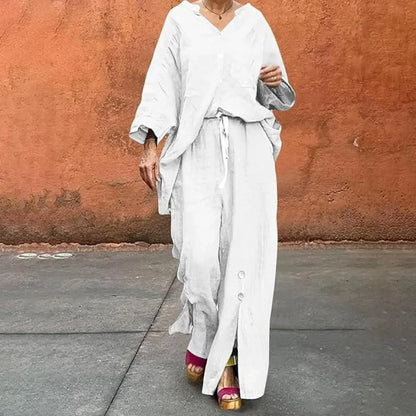 Ensemble Femme Deux Pièces – Cardigan Col V Boutonné – Pantalon Large Coton