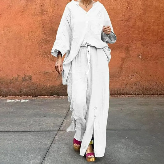 Ensemble Femme Deux Pièces – Cardigan Col V Boutonné – Pantalon Large Coton