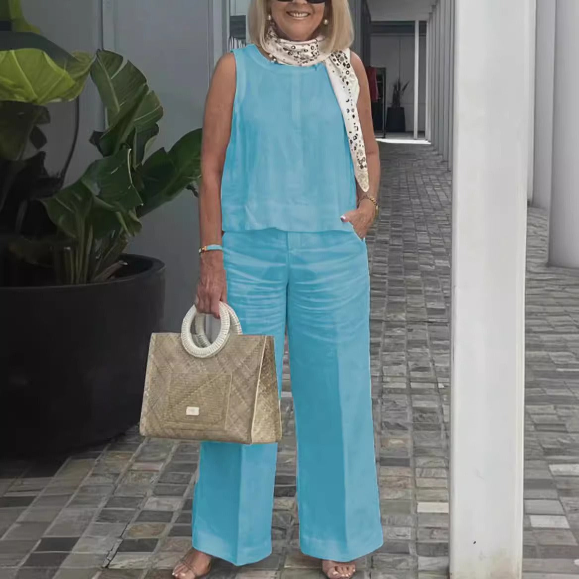 Ensemble Femme Débardeur et Pantalon – Coupe Ample – Lin et Coton – Jambe Large