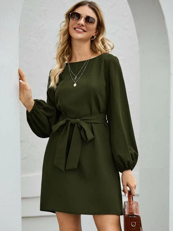 Robe midi femme – Coupe slim – Manches bouffantes – Taille ceinturée élégante
