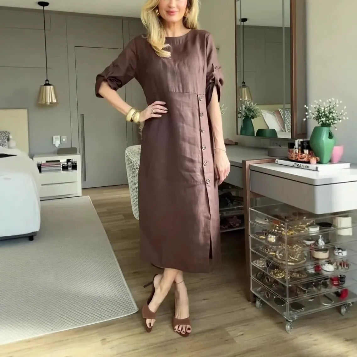 Robe midi femme – Coupe décontractée – Lin et coton – Manches courtes roulottées – Boutons côté
