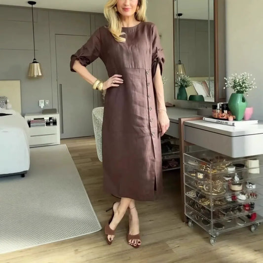 Robe midi femme – Coupe décontractée – Lin et coton – Manches courtes roulottées – Boutons côté