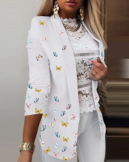 Blazer femme – Coupe slim – Motif papillons – Manches longues – Col à revers
