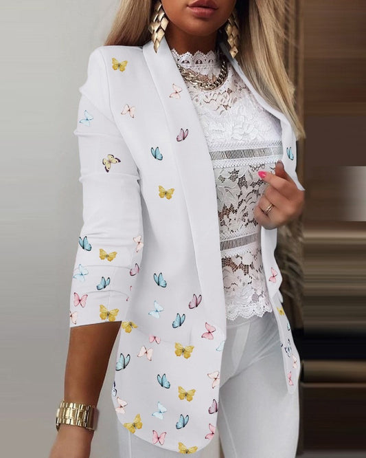 Blazer femme – Coupe slim – Motif papillons – Manches longues – Col à revers