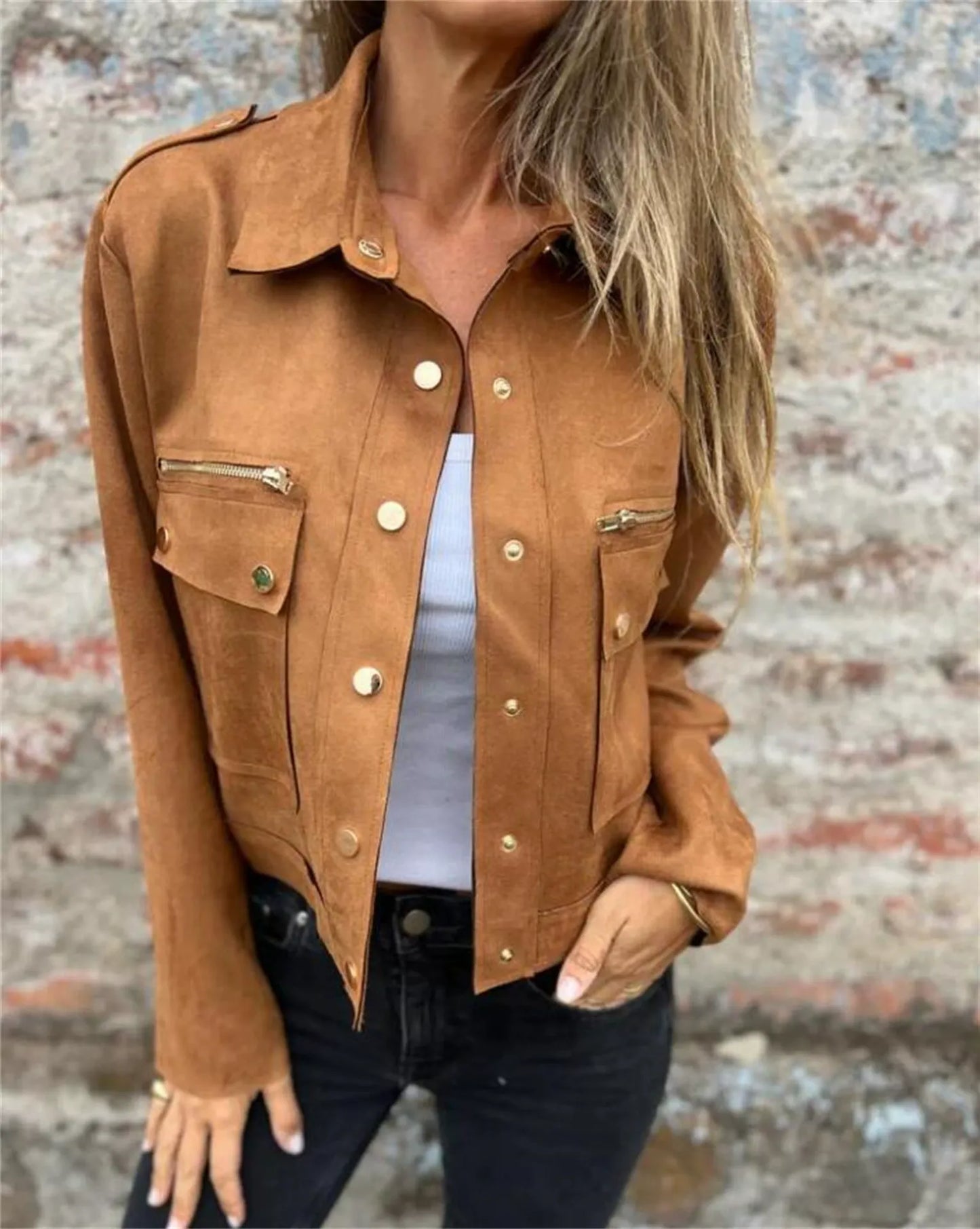 Veste femme en suédine – Coupe structurée – Col classique – Fermeture zippée