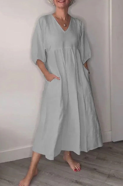 Robe midi femme – Lin et coton – Coupe ample – Col V profond – Manches retroussées – Poches