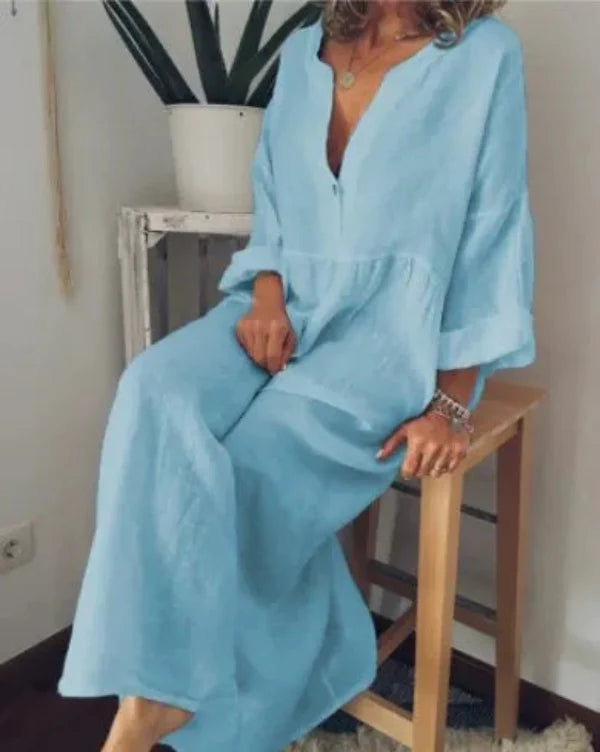 Robe femme manches longues – Coupe décontractée – Encolure V – Tissu léger coton