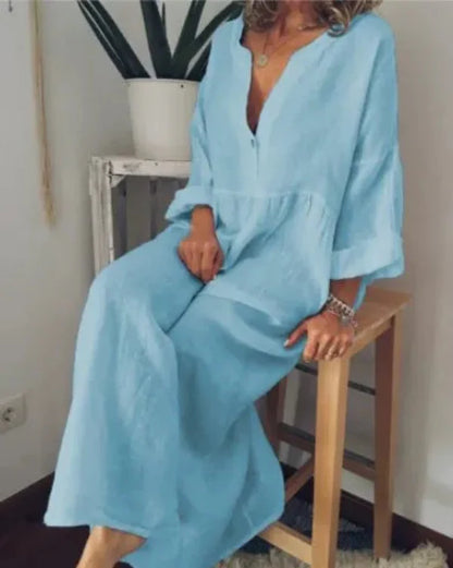 Robe femme manches longues – Coupe décontractée – Encolure V – Tissu léger coton