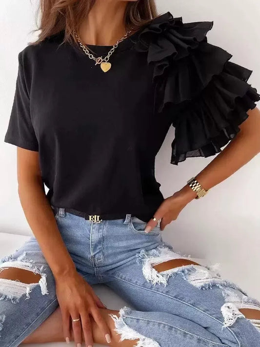 T-shirt femme – Coton doux – Coupe décontractée – Manches courtes – Épaule à volant asymétrique