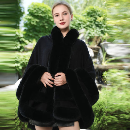 Femme Cape - Tissu Tissé - Coupe Oversize - Col Montant - Longueur Mi-Cuisse - Bordure Fourrure