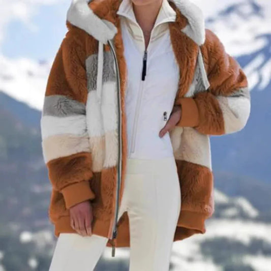 Veste à capuche femme – coupe oversize – fausse fourrure douce – fermeture zippée