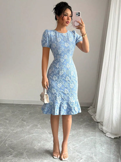 Robe midi femme – Jacquard texturé – Taille cintrée – Manches bouffantes – Style vintage