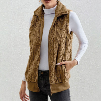 Gilet sans manches femme – Fleece jacquard – Coupe décontractée – Col montant zippé