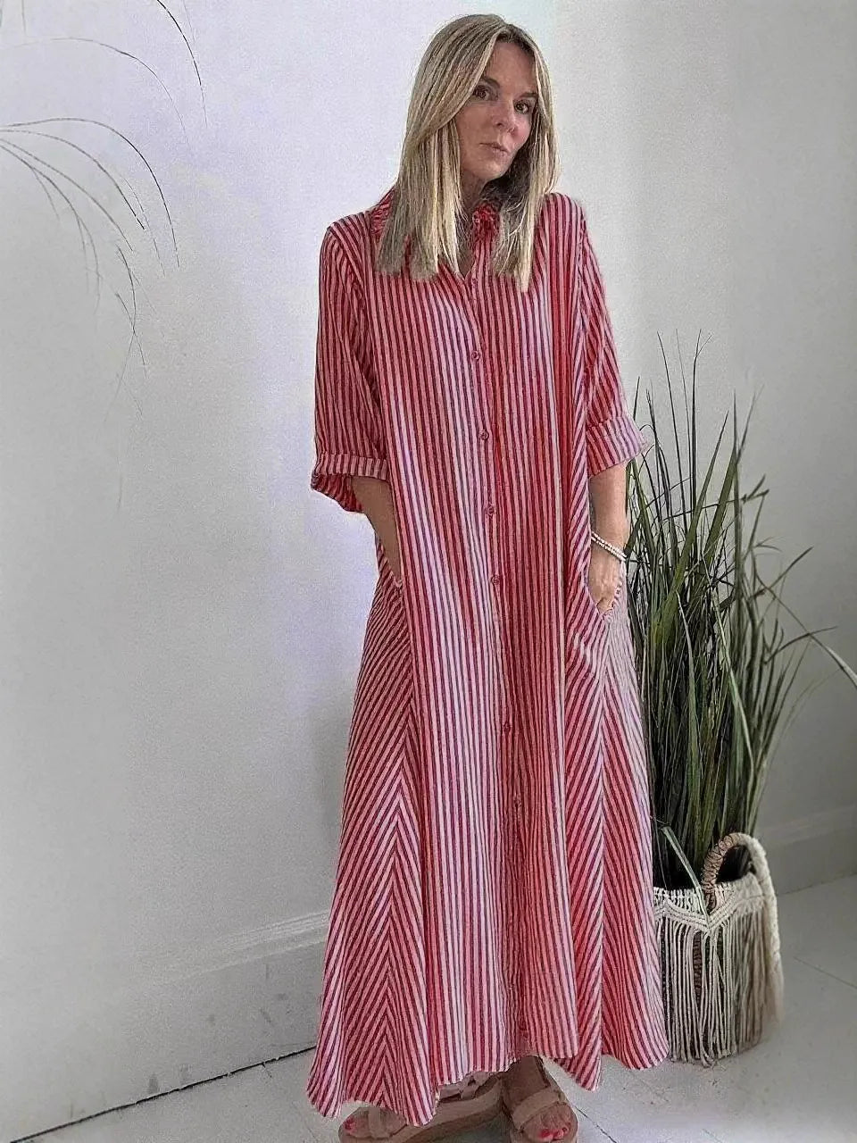 Robe longue femme – Coton – Coupe ample – Rayures – Col à revers – Manches 3/4