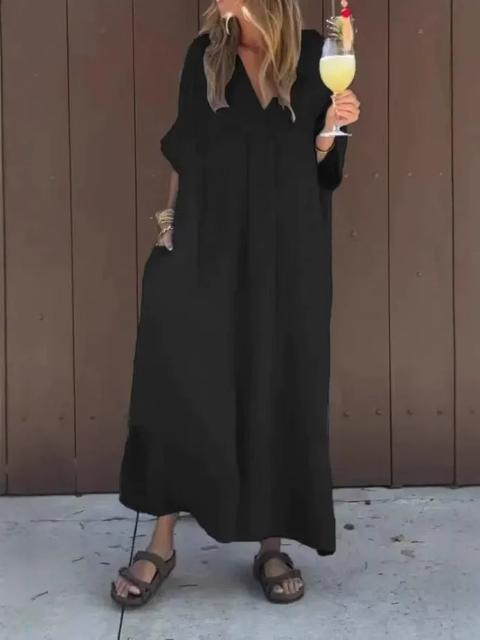 Robe longue femme – Coton léger – Coupe ample – Manches courtes – Col en V