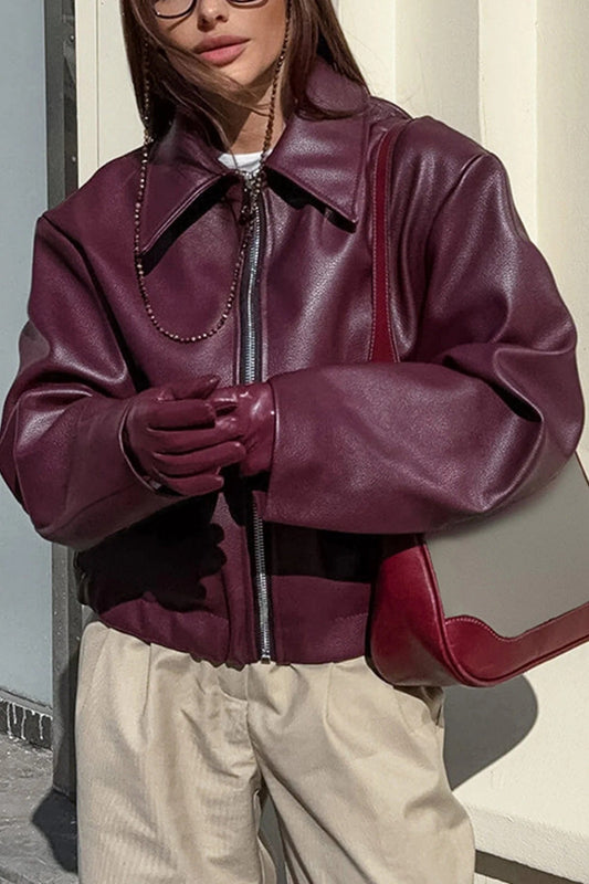 Veste femme – Similicuir PU – Coupe décontractée – Fermeture zippée – Col structuré