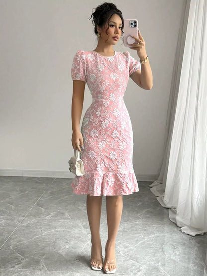 Robe midi femme – Jacquard texturé – Taille cintrée – Manches bouffantes – Style vintage