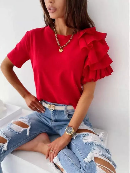 T-shirt femme – Coton doux – Coupe décontractée – Manches courtes – Épaule à volant asymétrique