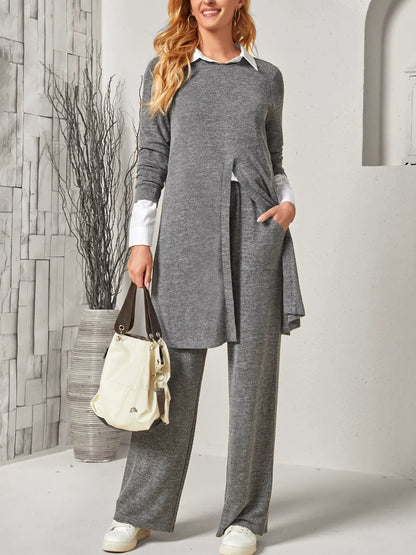 Tailleur femme deux pièces – Haut fendu long – Pantalon droit – Maille douce extensible