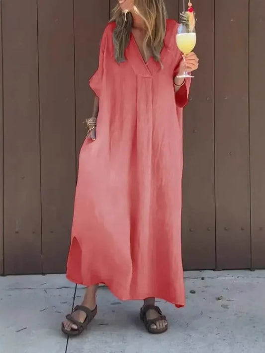 Robe longue femme – Coton léger – Coupe ample – Manches courtes – Col en V