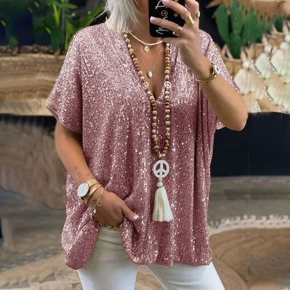 T-shirt col V femme – Coupe décontractée – Manches courtes – Entièrement à sequins