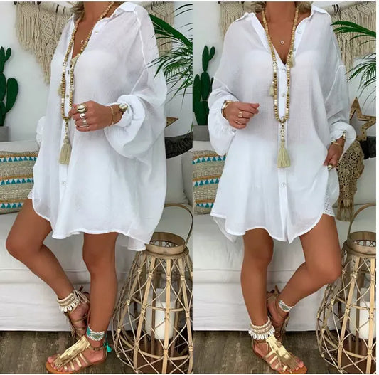 Blouse femme – Coupe oversize – Manches longues – Boutonnée – Coton lin léger