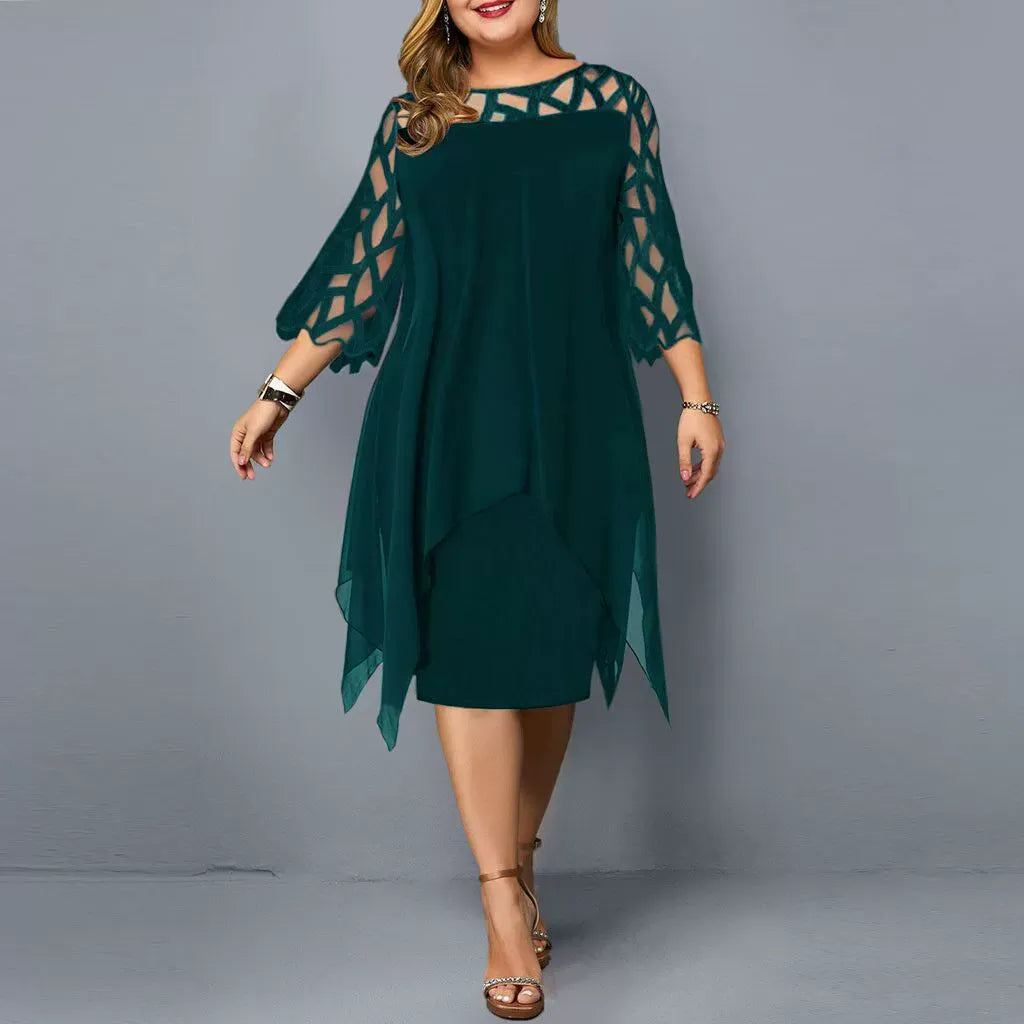 Robe midi femme – Coupe fluide – Chiffon léger – Dentelle – Manches 3/4 – Ourlet asymétrique