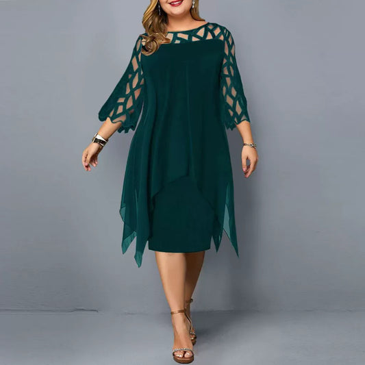 Robe midi femme – Coupe fluide – Chiffon léger – Dentelle – Manches 3/4 – Ourlet asymétrique